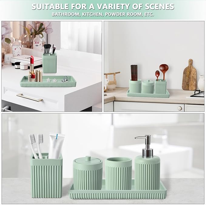 Resin Light Green Bathroom Accessories Set 5 Pcs, Lotion Soap Dispenser, Toothbrush Holder, Bathroom Tumbler, Qtip Holder and Vanity Tray, Bathroom Countertop Organizer Set for Modern Apartment