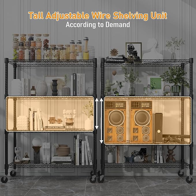 Himimi 72" H Storage Shelves 4 Tier Metal Shelving Adjustable Wire Shelf with Wheels, Heavy Duty Shelving for Garage Kitchen Pantry Bathroom Laundry 18" D*48" W*72" H, Black