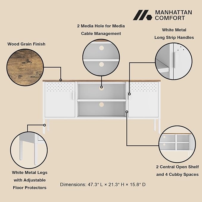 Manhattan Comfort Landen 47" Modern Metal TV Stand with Storage Cabinets & Open Shelves, Holds Up to 40" Screen, TV Console with Natural Wood Top, Cable Management, Adjustable Legs, White