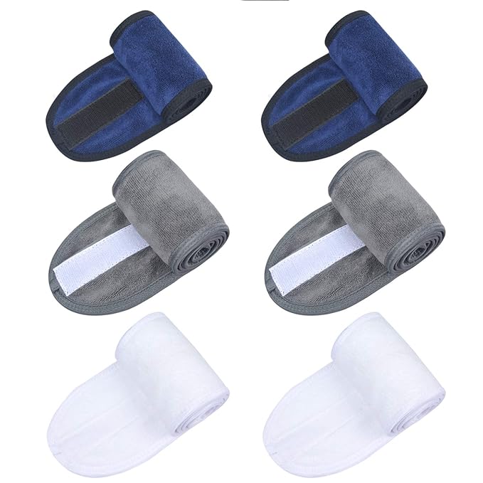 SINLAND Spa Headband for Women 6 Counts Ultra Soft Adjustable Makeup Hair Band with Magic Tape, Stretch Head Wrap for Bath, Shower, Facial Mask, Yoga