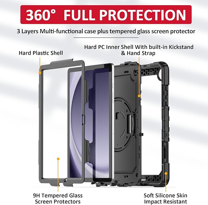 Ambison Case for Samsung Galaxy Tab A9+ Plus 11'' 2023, [Kids Proof] Full Body Protective Case with 9H Tempered Glass Screen Protector, 360° Rotatable Kickstand & Hand Strap (Black)
