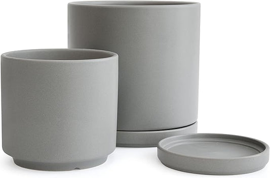 D'vine Dev 6 Inch & 8 Inch Ceramic Planter Pots for Plants with Drainage Hole and Saucer, Medium Plant Pots Set, Grey, 94-G-M-3