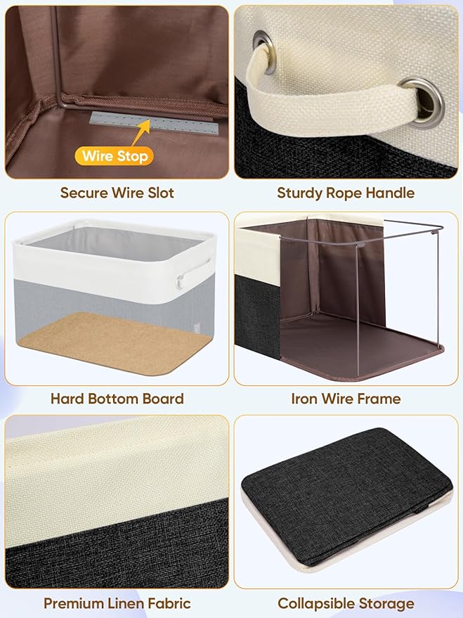 BALEINE 3 Pack Fabric Storage Bins for Shelves, Linen Storage Baskets for Organizing, Decorative Closet Bins for Clothes, Home (Black, 17''x13''x10.5'')