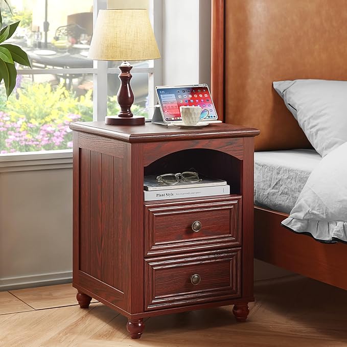 18" Farmhouse Night Stand Set of 2 with Charging Station, Wood Nightstand with 2 Drawers, Bedside End Table with Shelf Storage, Bed Side Tables for Bedroom, Living Room, and Closet