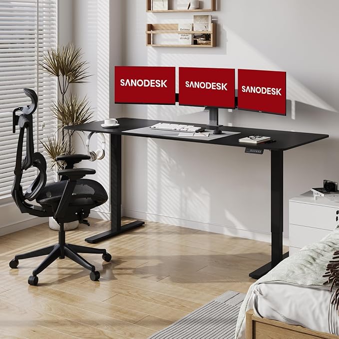 SANODESK Electric Standing Desk 79x32 Inch Height Adjustable Stand Up Desk Home Office Computer Workstation Sit Stand Home Office Desk with Splice Board (Black Frame + Black Top)