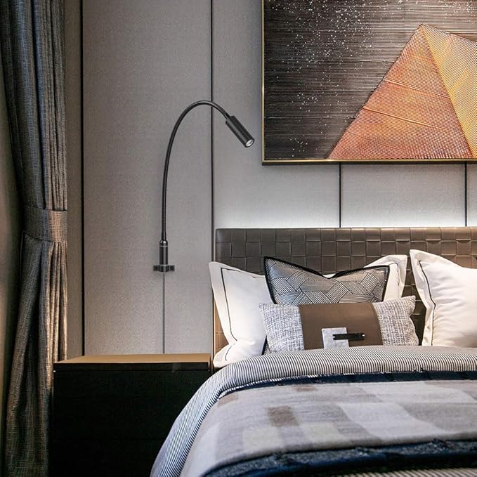 Wall Mounted Reading Light Touch Switch Dimmable LED 3W Warm White 3000K AC Adaptor (Black)