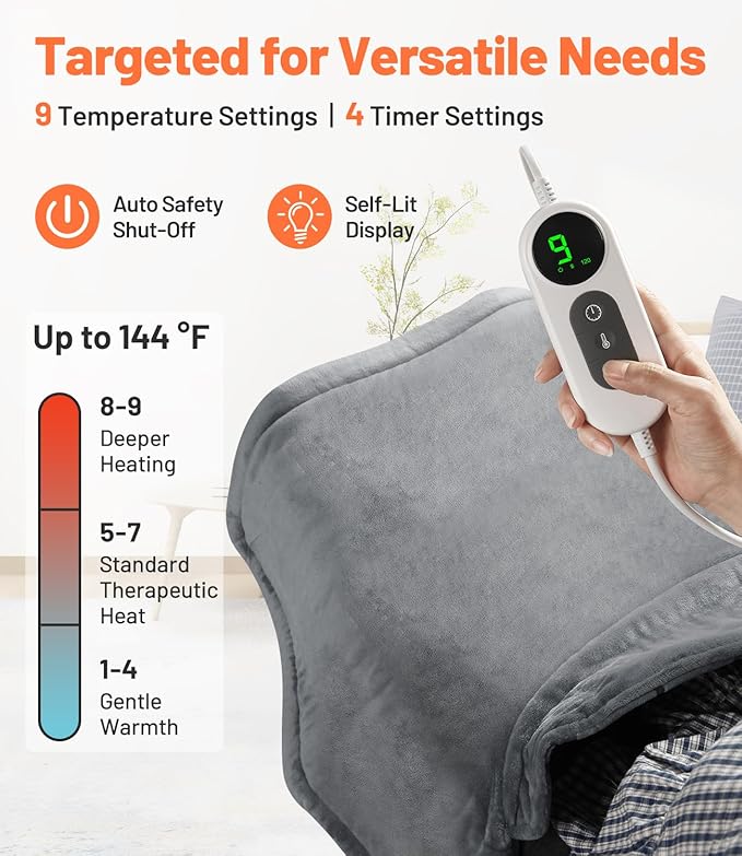 Graphene-Infused Heating Pad, Weighted Heating Pads for Neck and Shoulders and Back, Large Electric Instant Heating Pads for Back Pain Relief | 9 Heat Settings, 4 Timer Auto Shut-Off, Machine Washable