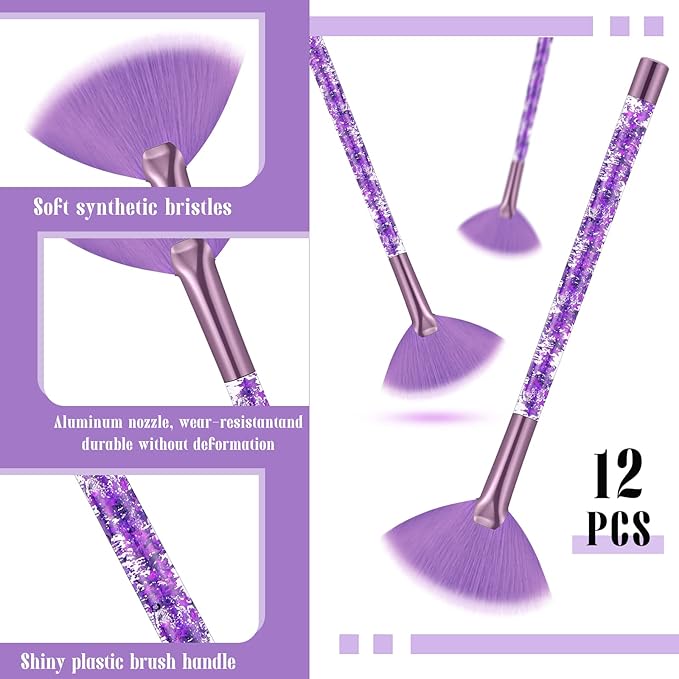 12 Pcs Fan Brushes for Facial Mask Brushes with Glitter Quicksand Handle Cosmetic Facial Fan Brush Soft Facial Mask Brush Applicator Facial Peel Applicator Face Mask Tools with Pouch (Purple)
