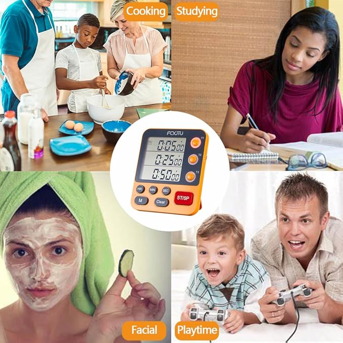 FCXJTU Digital Dual Triple Kitchen Timer, 3 Channels Magnetic Countdown Stopwatch Timer for Cooking, Loud Volume Large Display Multi Food Classroom Timer for Seniors & Teachers Battery Included (Blue)