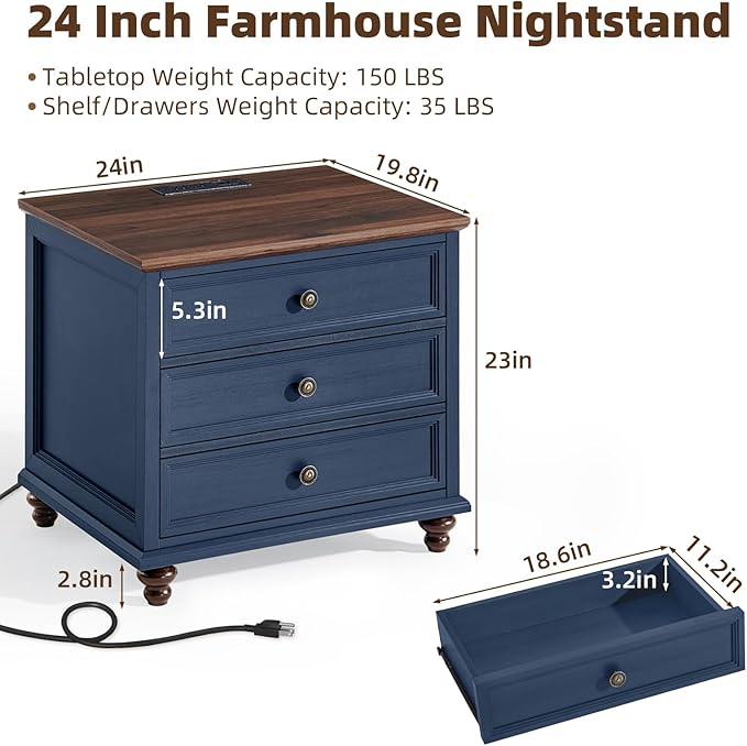 Farmhouse Nightstand Set of 2 with Charging Station, 24" Wide End Table with 3 Drawers,Dresser for Bedroom,Bed Side Table Chest of Drawers Cabinet,Wood Blue Night Stand for Living Room