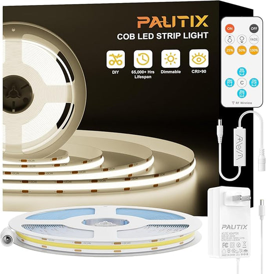PAUTIX COB LED Strip Light 16.4ft,Engineering Level UL Listed Natural White 4000K,CRI93+ Super Bright High Lumen,Dimmable 24V Flexible LED Tape Light with RF Remote,for Home&Office Decor DIY Lighting