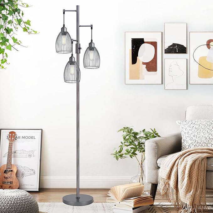 Torondo Dimmable Industrial Floor Lamps for Living Room, Gray Tree Standing Tall Lamps with 3 Elegant Teardrop Cage Head & 800 Lumens LED Bulbs for Bedroom Office