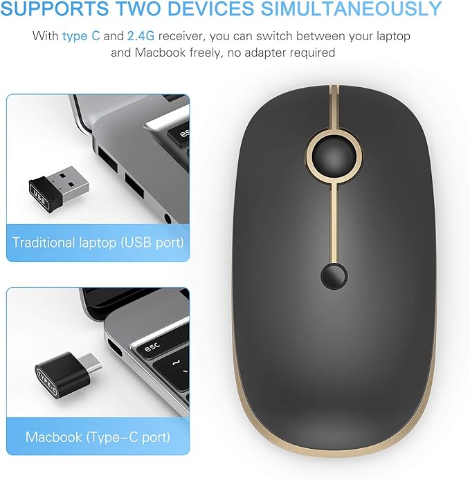 VssoPlor Type C Wireless Mouse USB C Rechargeable Portable Quiet Laptop Mouse USB and Type C Receiver Dual Mode Mice for PC, Laptop, MacBook, Tablet-Black Gold