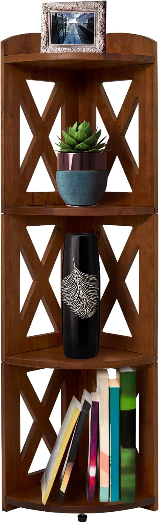 NHZ Corner Shelf Stand,100% Natural Wood Corner Bookshelf, Corner Bookcase and Plant Stand (Brown, 4 Tier)