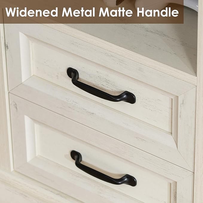 HOMMPA 18'' Farmhouse Nightstand with Charging Station, Bedside Tables with Storage, Bed Side End Table with Open Shelf, 2 Drawers Wood Night Stand Dresser for Bedroom, Living Room, Rustic White