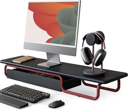 Fenge Dual Monitor Riser, 37 Inch Monitor Stand for Desk, Solid Wood Desk Shelf with Large Drawer Organizer, No Assembly Computer Stand for PC, Laptop, Printer, TV