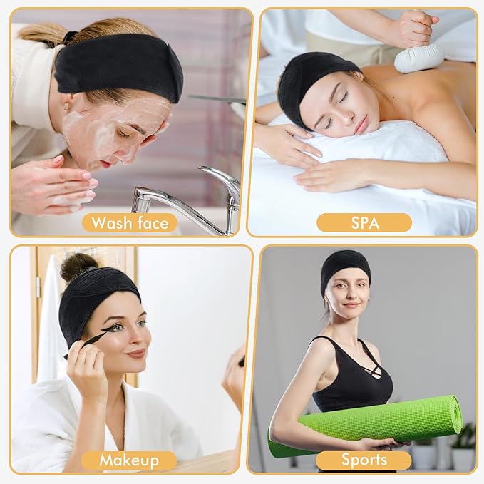 SINLAND Spa Headband for Women Ultra Soft Adjustable Makeup Hair Band with Magic Tape, Stretch Head Wrap for Bath, Shower, Facial Mask, Yoga