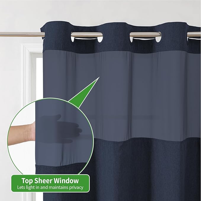 Stall No Hooks Needed Linen Textured Shower Curtain with Snap-in Fabric Liner Set,Hotel Luxury Decor Farmhouse Shower Curtains for Bathroom,Waterproof & Washable,54Wx80H,Navy Blue