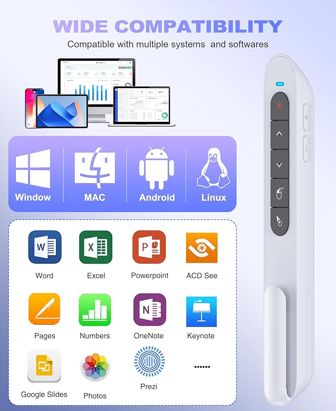 2 in 1 USB Type C Wireless Rechargeable Presenter Remote with Air Mouse, Volume Control Presentation Clicker PPT Pointer RF 2.4GZ PowerPoint Clicker Slide Advancer for Window Mac Keynote Google White