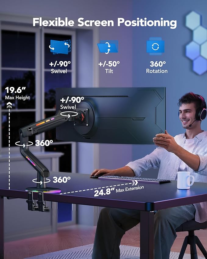HUANUO RGB Monitor Arm for Ultrawide Screens up to 49″, Heavy-Duty Single Mount Holds 44 lbs, Fully Adjustable Gaming Monitor Arm with C-Clamp & Grommet Base, Max VESA 100 x 100mm