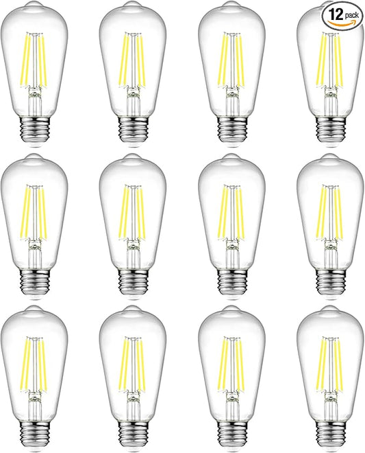 Ascher Vintage LED Edison Bulbs, 6W, Equivalent 60W, Non-Dimmable, Daylight 5000K, 700Lumens, ST58 Antique LED Filament Bulbs with 80+ CRI, E26 Medium Base, Clear Glass, Pack of 12