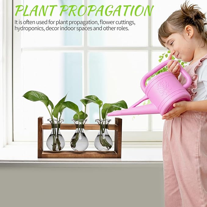Plant Propagation Station Plant Terrarium Unique Birthday Gifts for Women Home Office Decor Planter with Wooden Stand - 3 Bulb Glass Vase