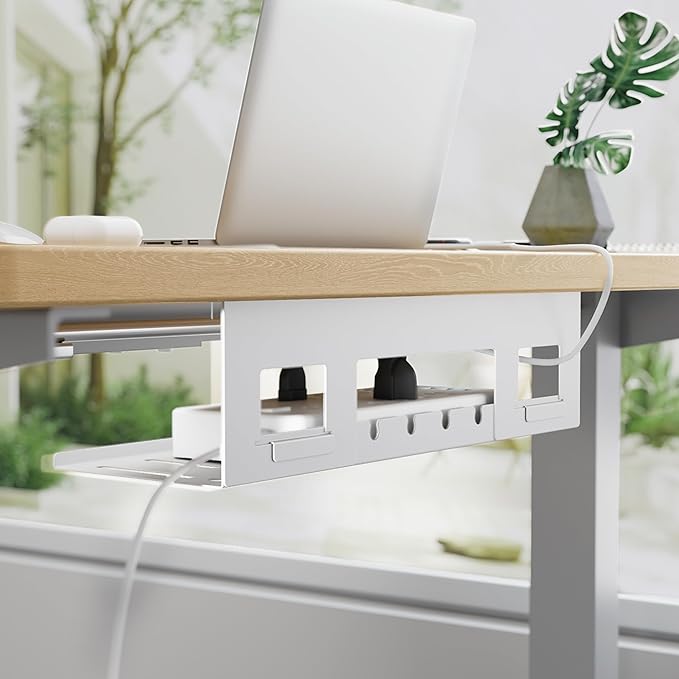 Under Desk Cable Management Tray, 15.7 Inches Metal Cord Organizer Rack, Desk Tray for Power Strip, Cord, Wire, Easy Mounting Cable Management Under Table for Home Office, White