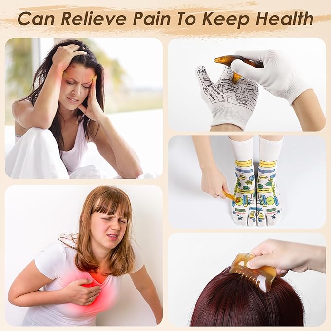 Reflexology Socks Set with Gloves Tools, 2 Pairs Chiro Acupressure Acupuncture Trigger Point 4pcs Massage Tool Gua Sha Foot Hands Head Pain Relief Acupoint Birthday Gifts for Women E