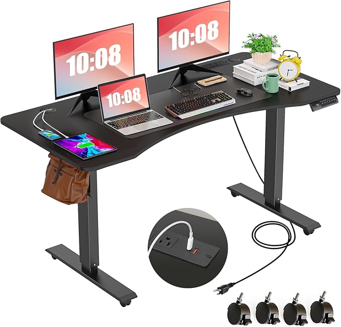 farexon Electric Height Adjustable 55 x 24 inch Standing Desk with Charging Station, Stand up Desk with Oversized Mouse Pad, Ergonomic Curved Workstation, 4 Caster, 4 Preset Heights Easy to Set(Black)