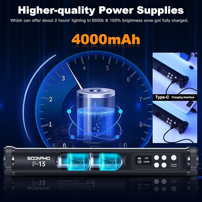 Soonpho RGB LED Video Light Wand Stick,360° Full RGB Magnetic Tube Light,3200K~8500K,Rechargeable 4000mAh Battery for Photography YouTube Vlog