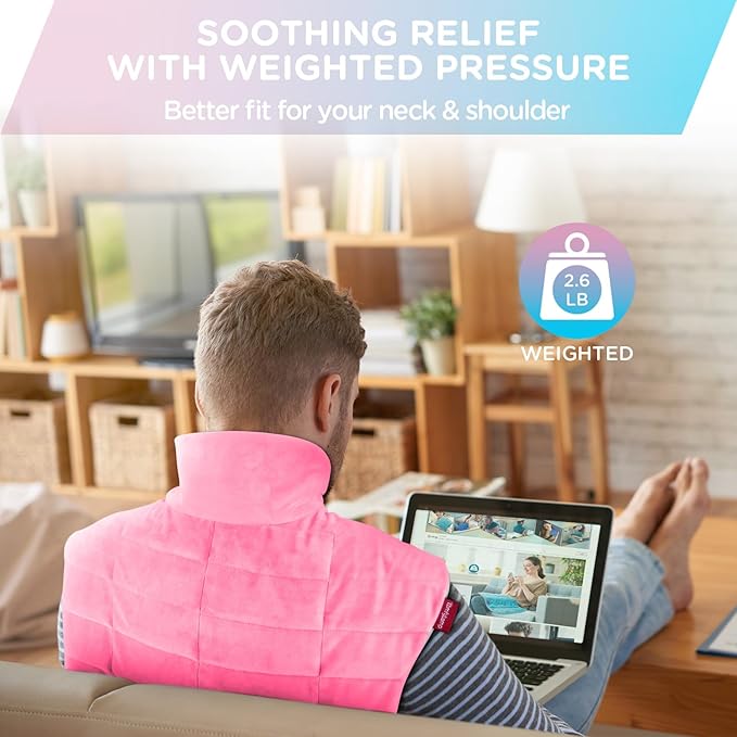 Comfytemp Heating Pad for Neck and Shoulders and Back, Weighted Electric Heat Pad for Pain Relief, 2.6lb Large Heated Wrap, 9 Heat Levels, 11 Auto-Off, Gifts for Women Mom Wife, Pink