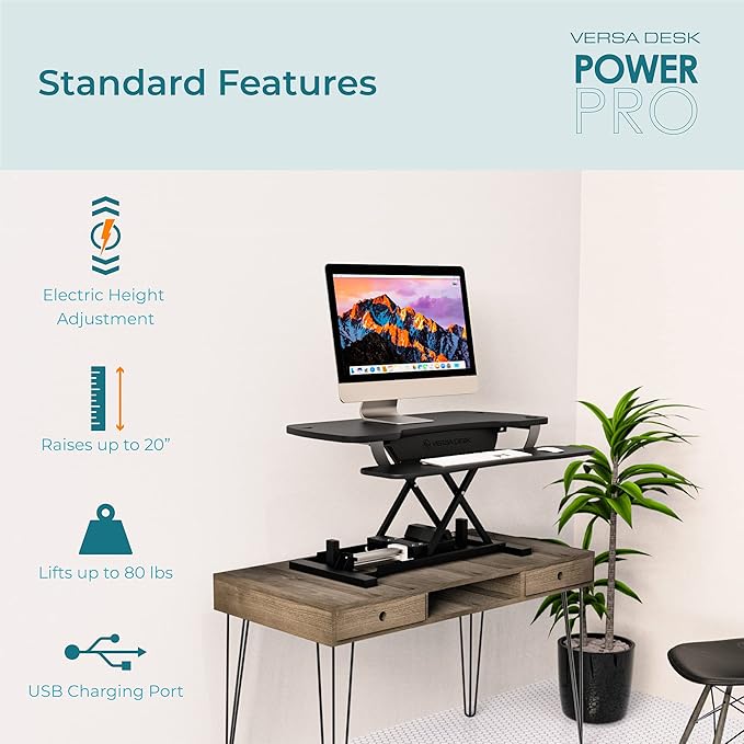 VERSADESK® PowerPro™ 40" Electric Standing Desk Converter - Adjustable Height Desktop Riser with USB Charging Outlet & Detachable Keyboard Tray - Holds 80 lbs Large & Small Items | Black
