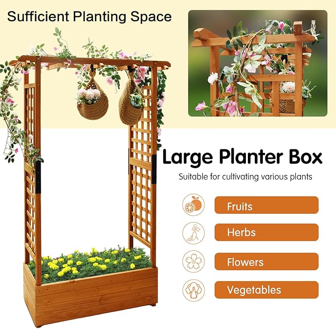 Raised Garden Bed Wooden Patio Planter with Trellis Outdoor Climbing Cucumber Box Pots Tomato Flower Vegetable Herb Porch, Tall Hanging Roof, Orange, 42.5" L x 17.3" W x 66.1" H