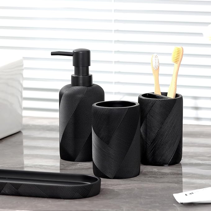 Bathroom Accessories Set, Bathroom Organizer Countertop, Soap Dispenser and Toothbrush Holder, Mouthwash Cup, Tray Set, Vanity Tray for Bathroom, 4 Pieces Modern Decor (Matte Black)