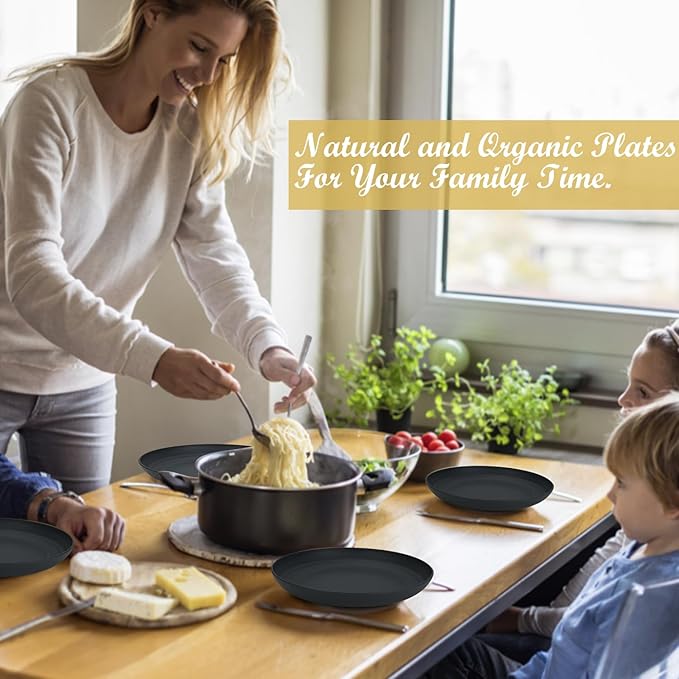 Wheat Straw Plates - 9 Inch Unbreakable Dinner Plates Set of 8 - Dishwasher & Microwave Safe Plastic Plates Reusable - Lightweight Plate for kitchen,camping (pure black)