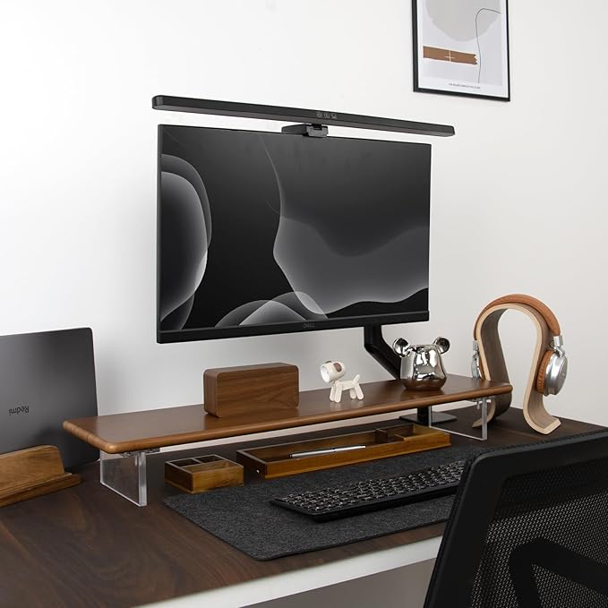 Bamboo Monitor Stand Riser with Acrylic Legs for Desk, 31.5 Inches Desktop Shelf Supports for PC Computer Monitor, Laptops, Printer, Speakers (Brown)