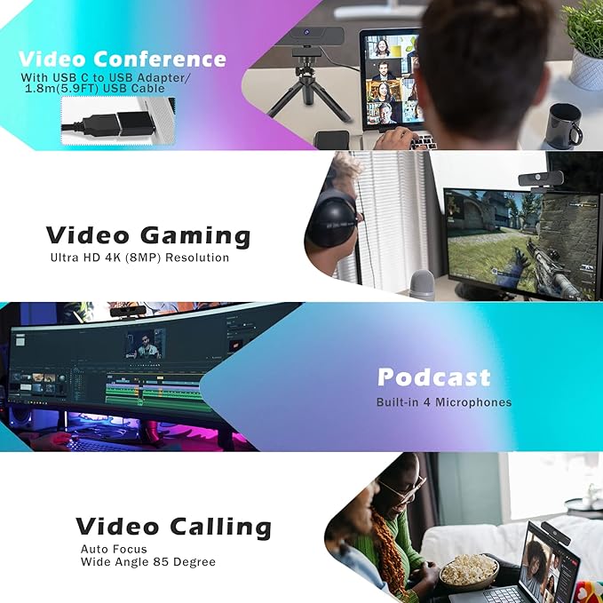 Akyta 4K Webcam with 4 Noise-Canceling Microphones-Privacy Cover-Tripod, AutoFocus Computer Web Camera for Desktop, 4K USB C Webcam for PC/Laptop/Desktop Computer/Teams/Zoom/YouTube Streaming