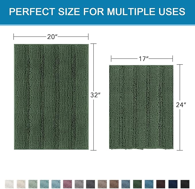 H.VERSAILTEX Extra Thick Chenille Striped Pattern Bath Rugs for Bathroom Non Slip - Soft Plush Shaggy Mats Floor, Indoor Entryway (Bronze Green, 32 x 20 Plus 24 17 Inches)