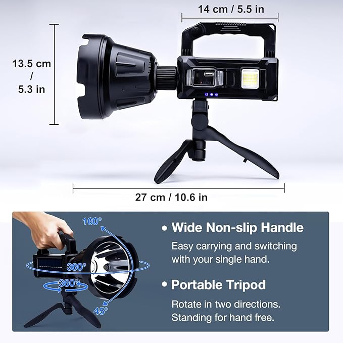 Solar Rechargeable Spotlight, 2,000,000L High Lumens Led Spot Lights Outdoor Handheld Super Bright Long Range Flashlight with 6 Modes, 3 Colored Filters, Tripod, USB C for Fishing Boating