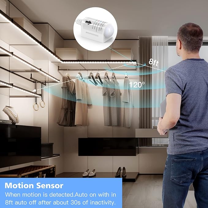 WOBANE White LED Strip Light, 16.4ft Motion Activated Light Strip with Remote and Adapter, Night Light, Dimmable, PIR Function, 300 LEDs Rope Light for Closet,Kitchen Cabinet,Room,Wardrobe,White