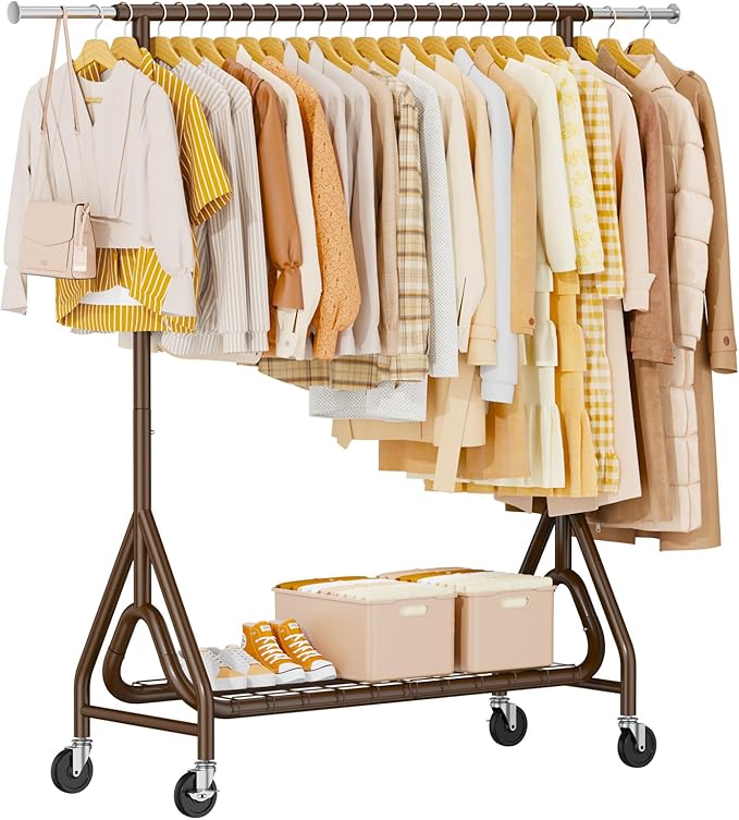 Heavy Duty Clothing Rack, Metal Clothes Rack Load 450 LBS, Rolling Coat Racks for Hanging Clothes with Lockable Wheels, Wardrobe Closet Garment Racks for Bedroom, Brown