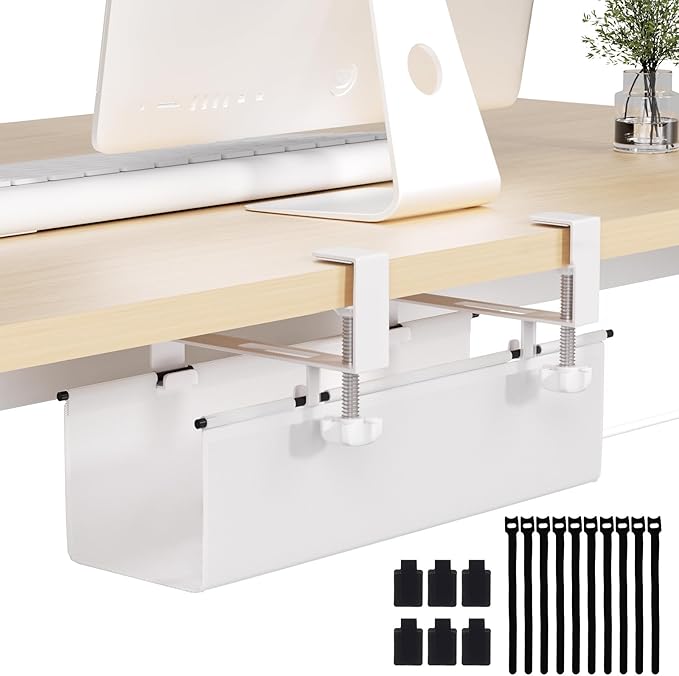Under Desk Cable Management Tray 15.7" - No Drill Computer Wire Organizer Cable Tray, Fabric Cord Hider Clamp Mount, with 16X Cable Ties PC Cables Management Cord Holder for Office/Home (White)