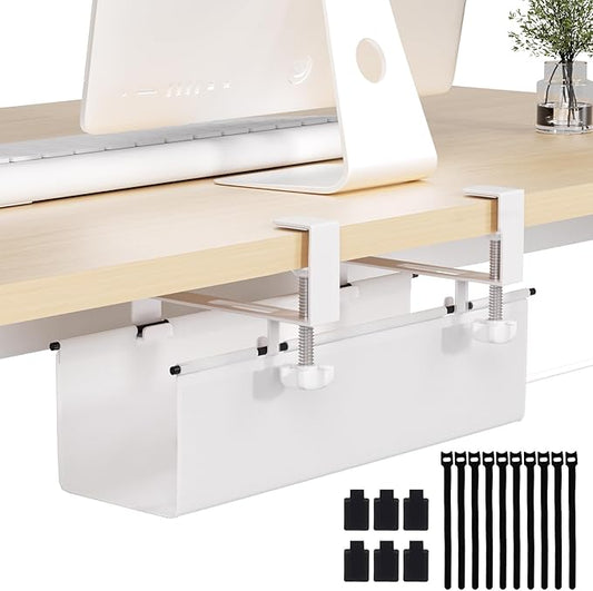 Under Desk Cable Management Tray 15.7" - No Drill Computer Wire Organizer Cable Tray, Fabric Cord Hider Clamp Mount, with 16X Cable Ties PC Cables Management Cord Holder for Office/Home (White)