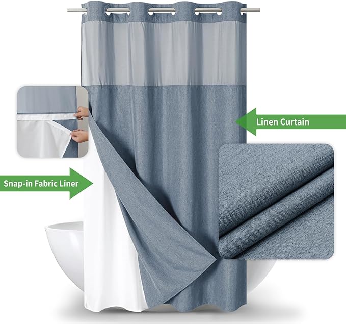 Stall No Hooks Needed Linen Textured Shower Curtain with Snap-in Fabric Liner Set,Hotel Luxury Decor Farmhouse Shower Curtains for Bathroom,Waterproof & Washable,54Wx80H,Blue Grey