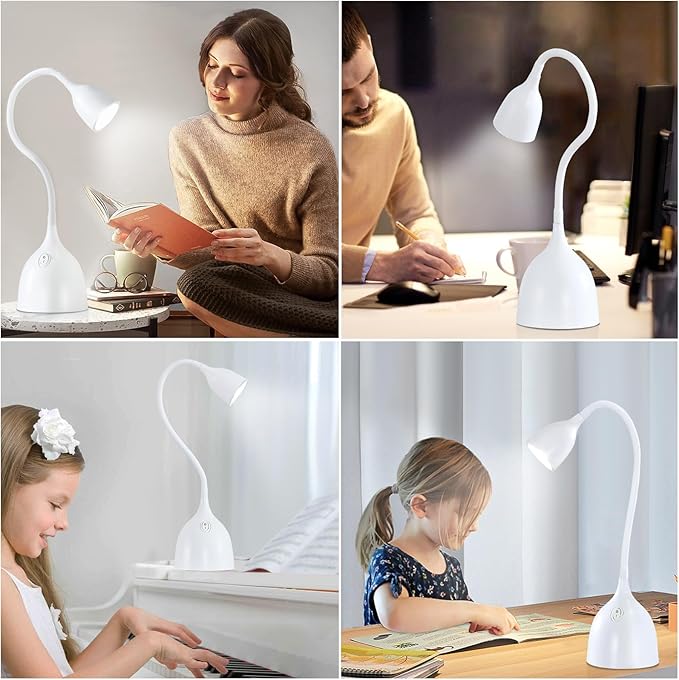 Desk Lamp for College Dorm Room - LED Reading Light - Small Adjustable Flexible Gooseneck Table Lamp - Eye-Caring Desk Lamp for Home Office Study Lamp, White