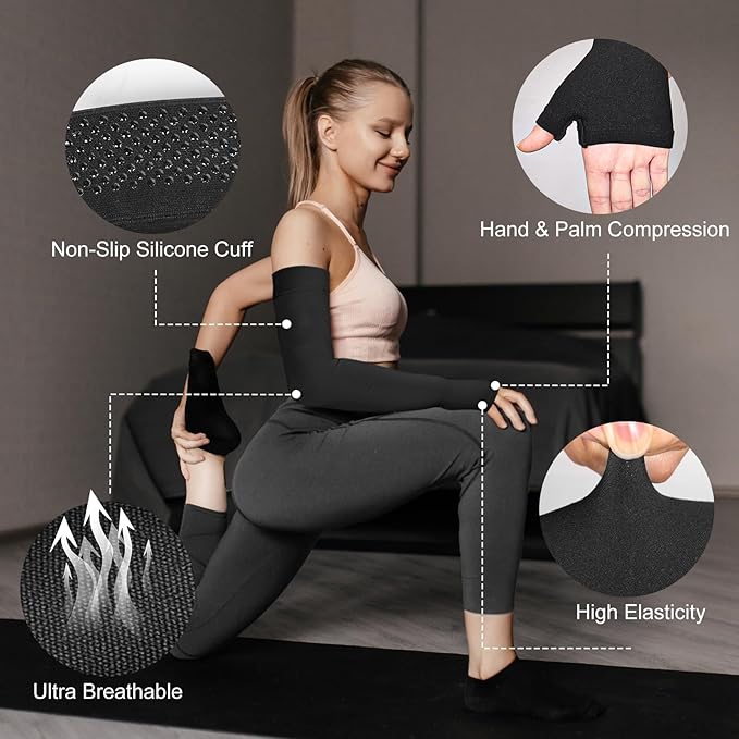 Hiball Lymphedema Medical Compression Arm Sleeve with Gauntlet, 20-30 mmHg Graduated Compression Full Arm Support for Women Men, Long Pressure Arm Hand Brace for Arthritis, Bursitis, Edema, Nerve Pain