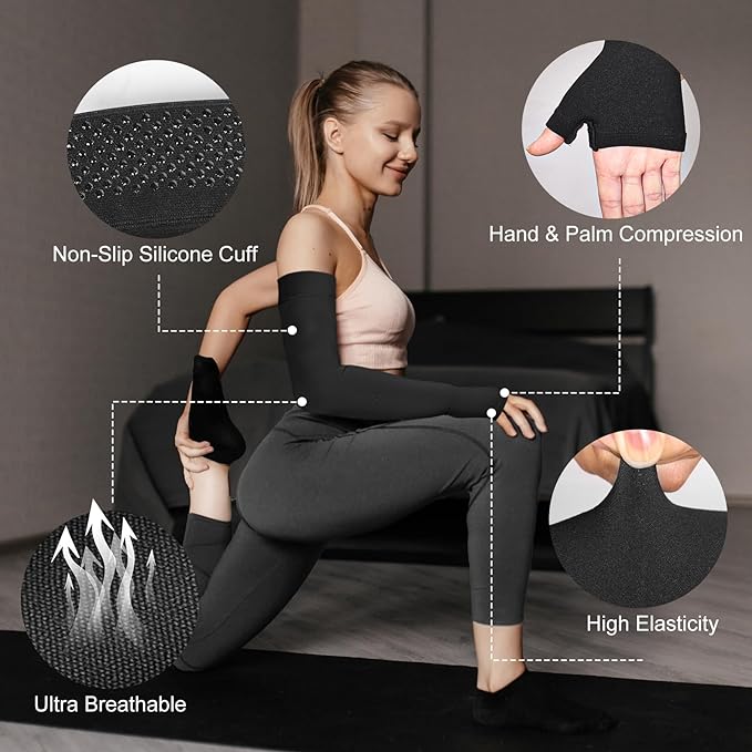 Hiball Lymphedema Medical Compression Arm Sleeve with Gauntlet, 20-30 mmHg Graduated Compression Full Arm Support for Women Men, Long Pressure Arm Hand Brace for Arthritis, Bursitis, Edema, Nerve Pain