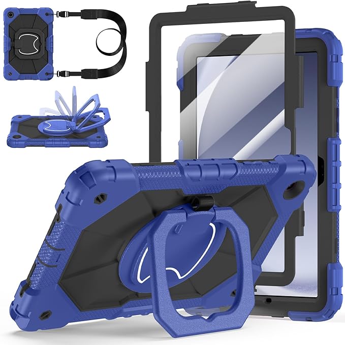 Case for Samsung Galaxy Tab A9 Plus 11 Inch 2023(SM-X210/X216/X218), Auorld Rugged Case for Samsung Galaxy A9+ Tablet with Screen Protector 360 Rotating Stand Shoulder Strap Pen Holder, Navy Black