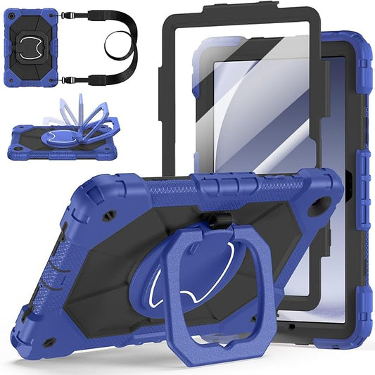 Case for Samsung Galaxy Tab A9 Plus 11 Inch 2023(SM-X210/X216/X218), Auorld Rugged Case for Samsung Galaxy A9+ Tablet with Screen Protector 360 Rotating Stand Shoulder Strap Pen Holder, Navy Black