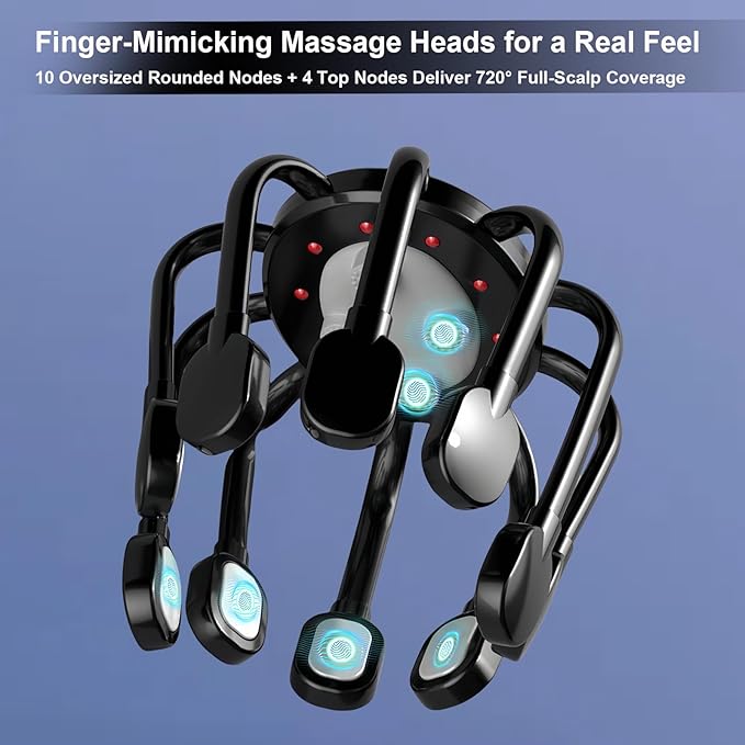 Electric Head Scalp Massager – 360° Multi-Point Massage Tool with 10 Large Silicone Massage Points & 4 Top Massage Points, 6 Modes, Adjustable Heating Function for Relaxation and Hair Care